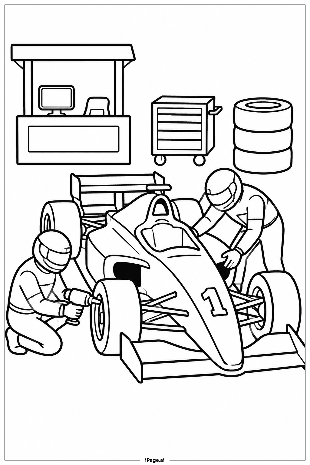 Rennauto mit Boxenteam Ausmalseite