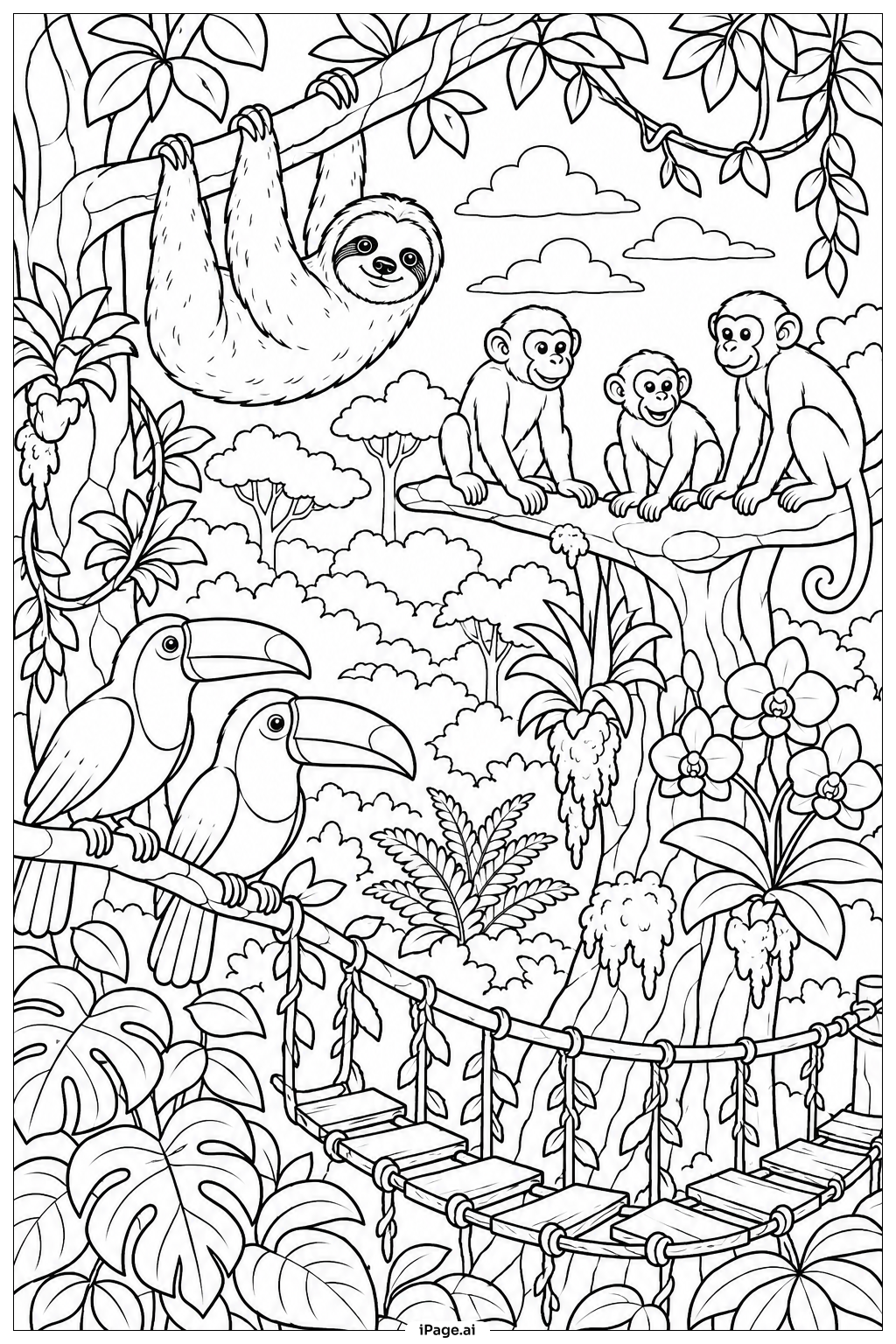 Página para colorear de Escena del Ecosistema del Dosel del Bosque Tropical