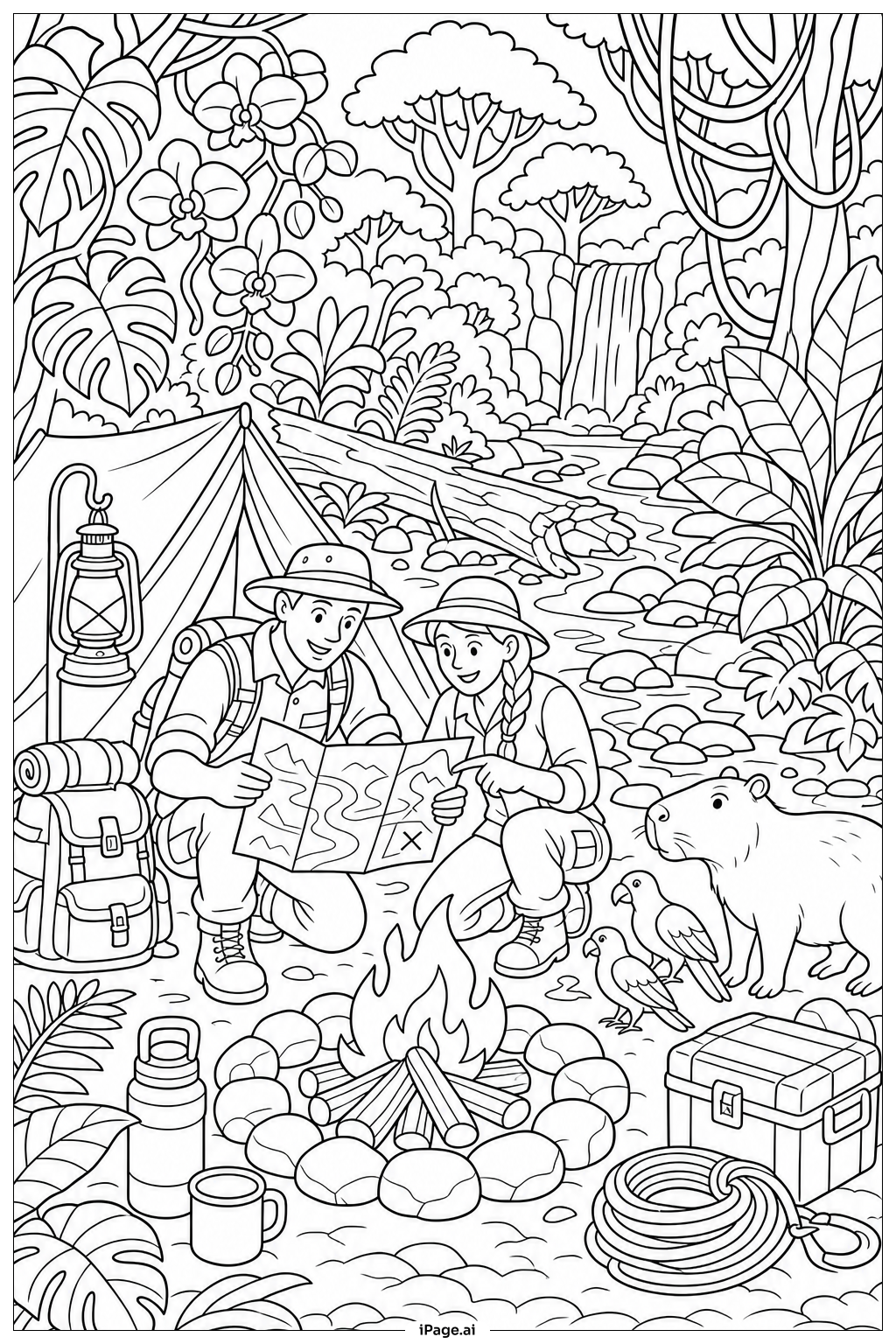  Rainforest Expedition Camp Base Coloring Page 
