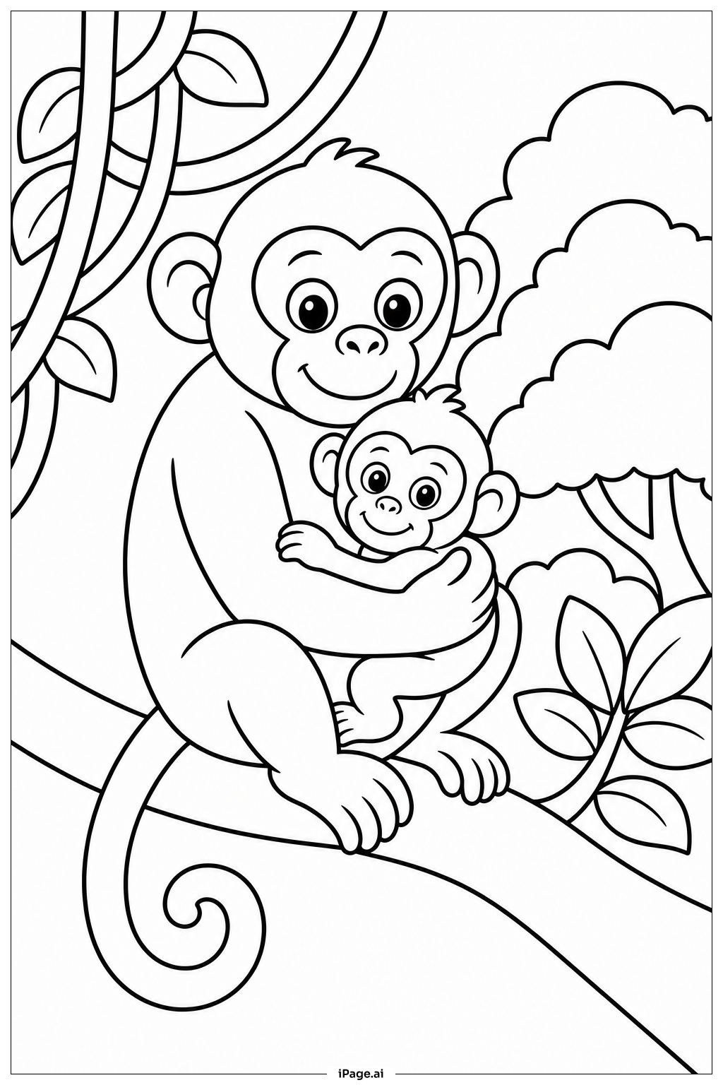 Página para colorear de Familia de Monos en la Selva Tropical
