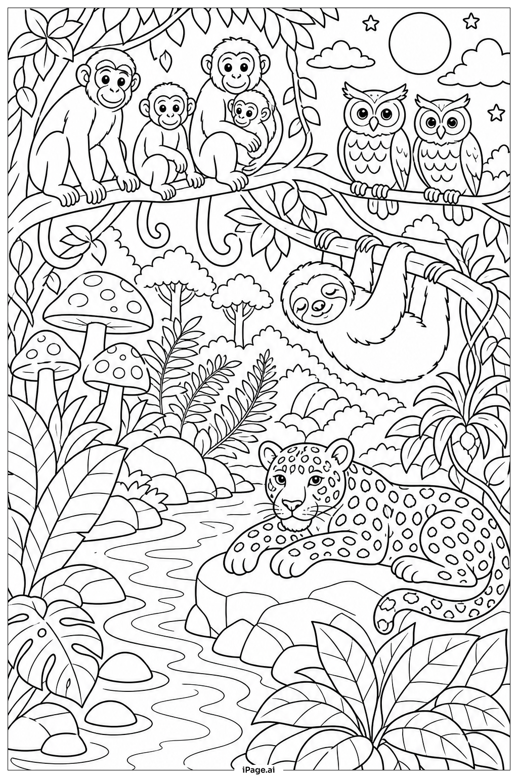  Rainforest Night Wildlife Ensemble Coloring Page 