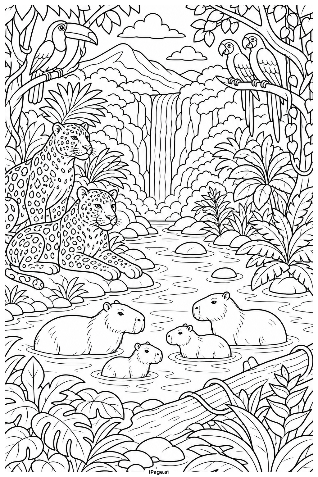 Página para colorear de Panorama de Vida Silvestre en el Río de la Selva Tropical