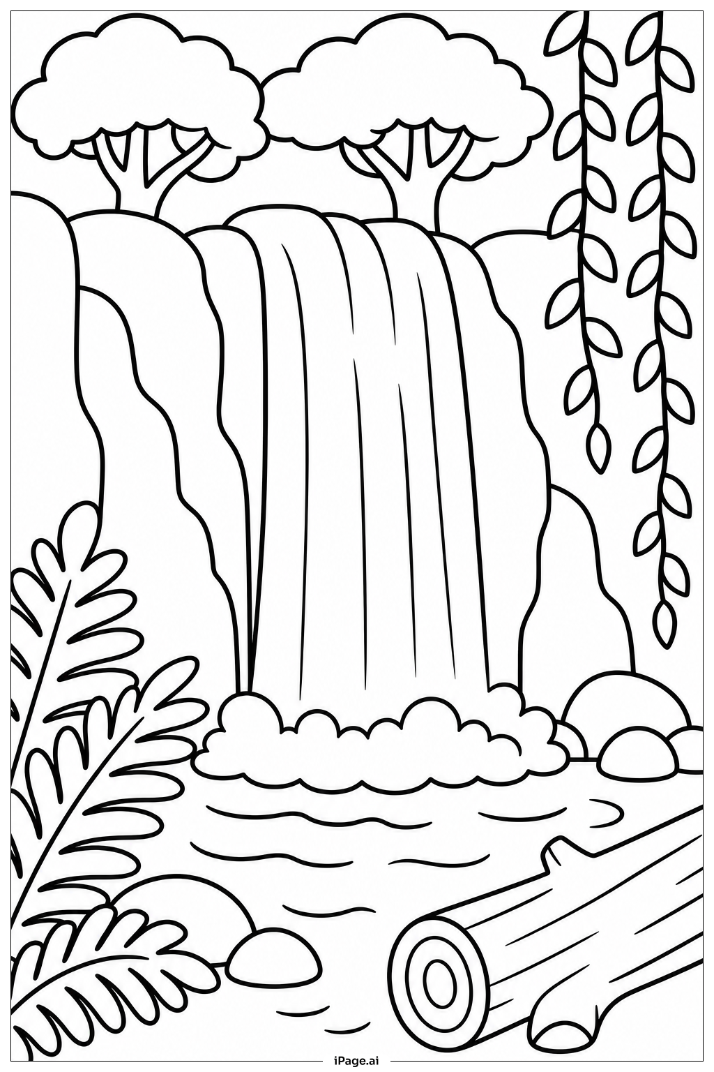 Regenwald-Wasserfall-Szene Ausmalseite