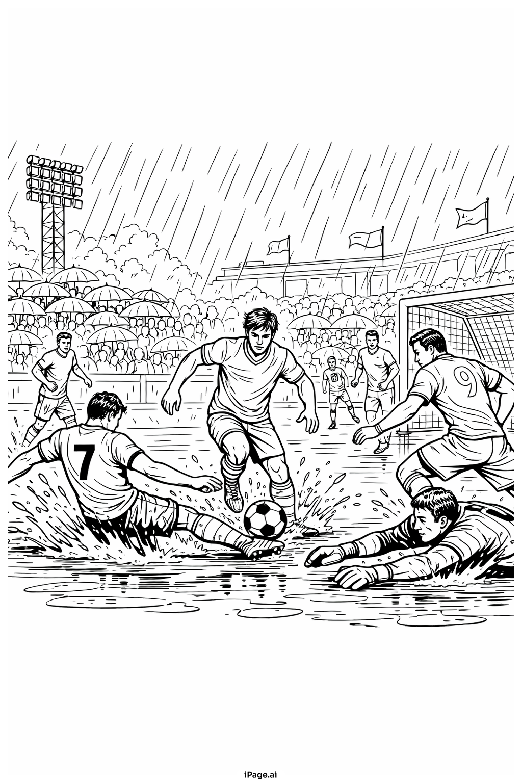  雨中足球比賽劇情著色頁 