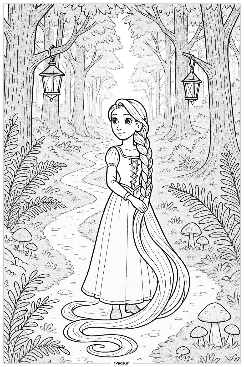  Page de coloriage Raiponce sur le chemin de la forêt enchantée 