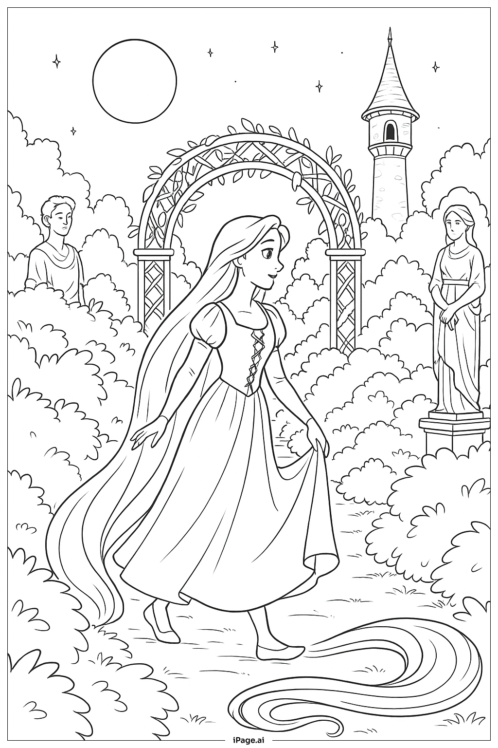 Raiponce dans un jardin au clair de lune avec des statues