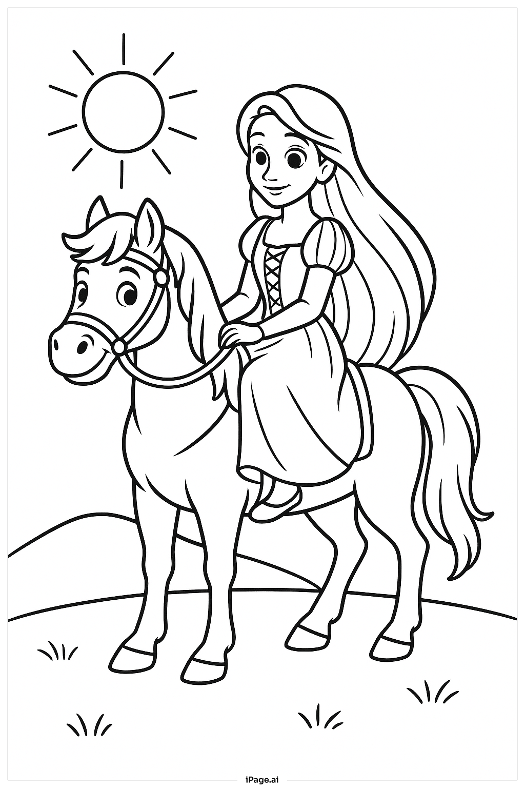  Page de coloriage Raiponce à cheval 