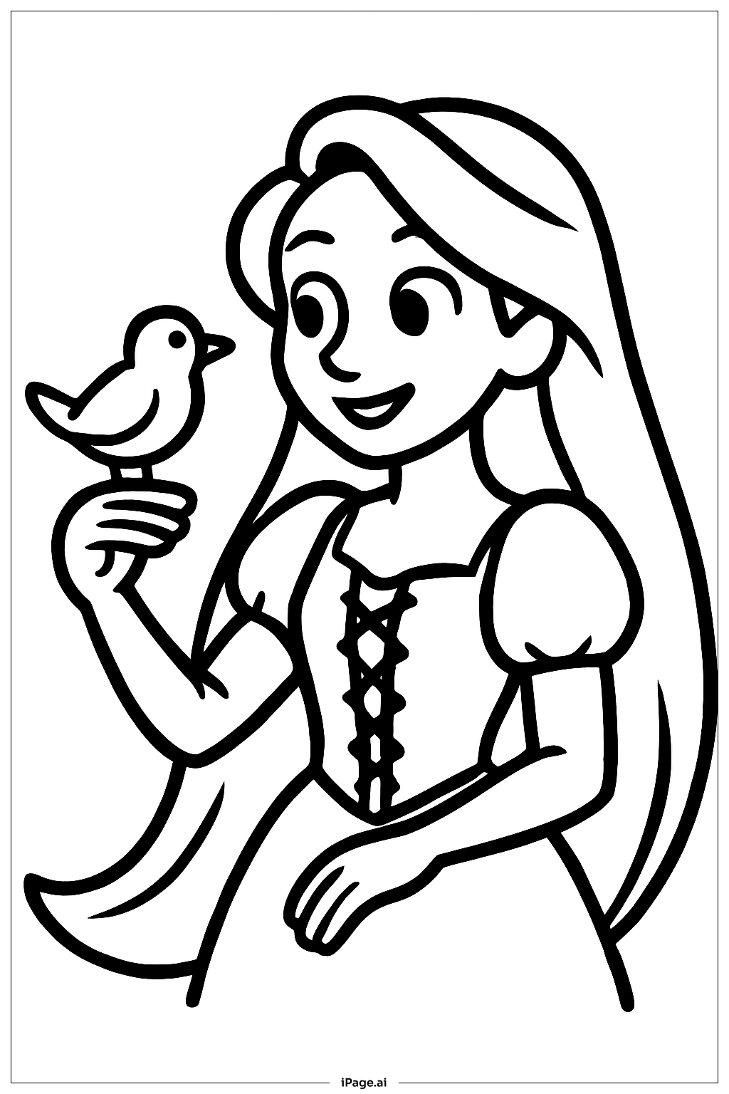  Page de coloriage Raiponce avec un oiseau 