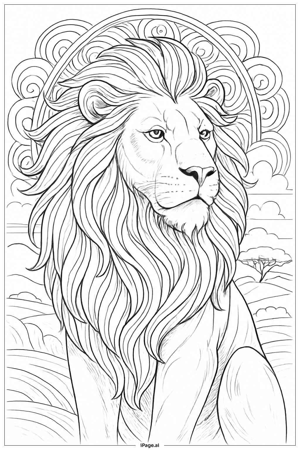  たてがみがなびく威厳あるライオンの塗り絵ページ 