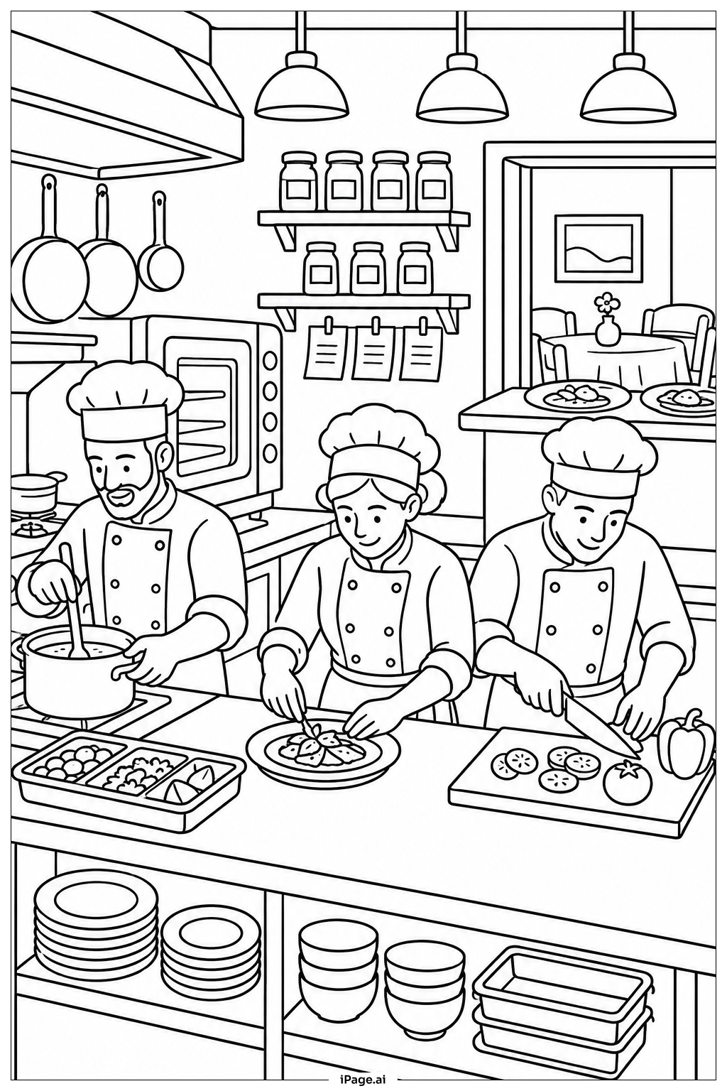 レストランキッチンの食の旅団の塗り絵ページ