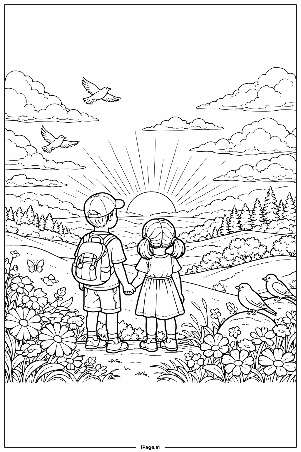  日出山顶的复活节儿童填色页 