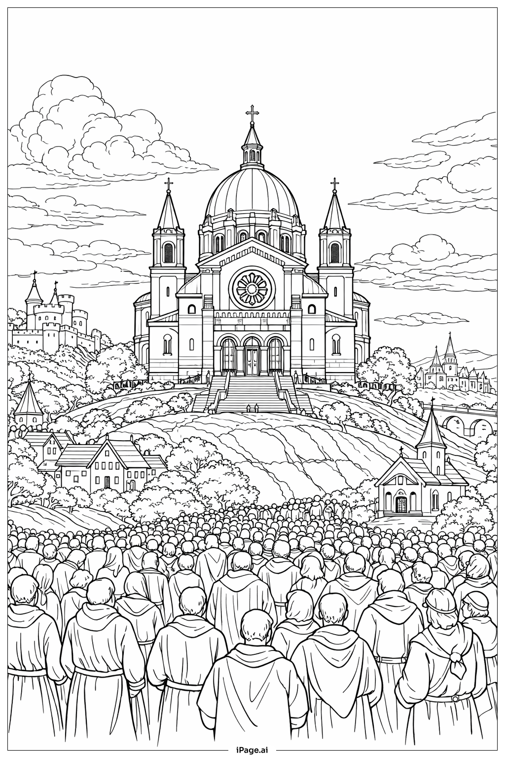 山上耶稣复活教堂与人群填色页
