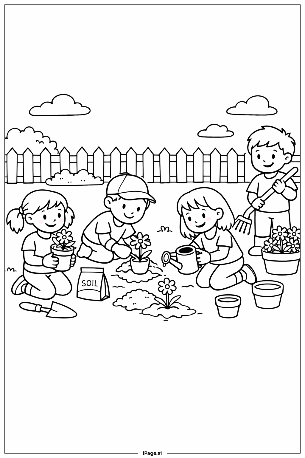  重生小朋友種花著色頁 