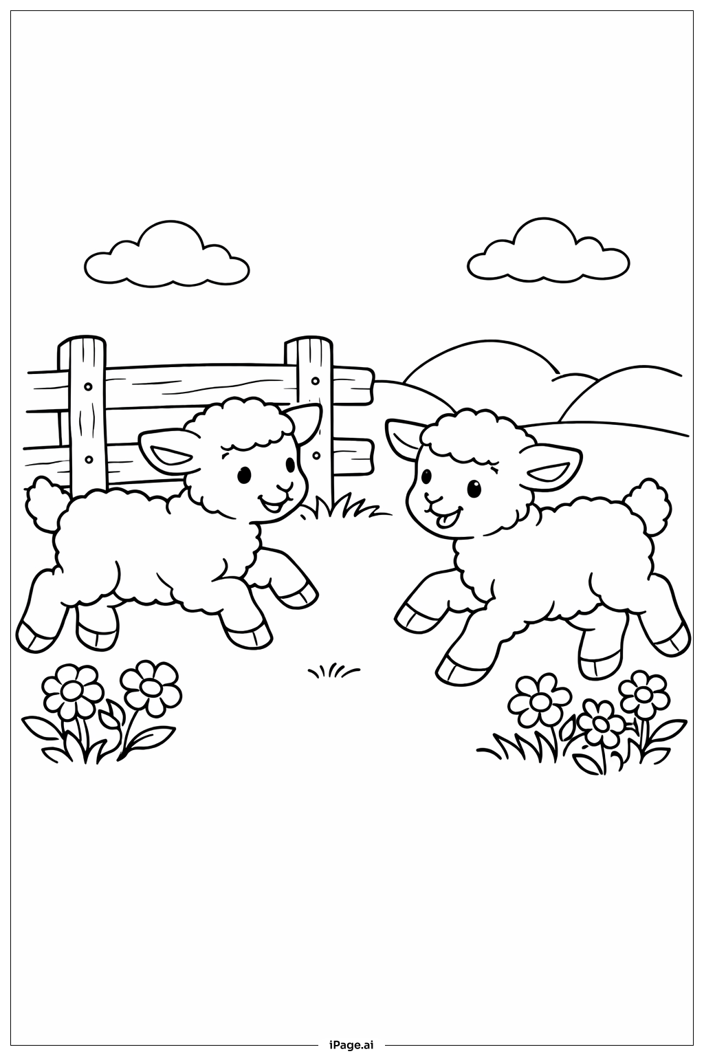  复活节小羊玩耍填色页 