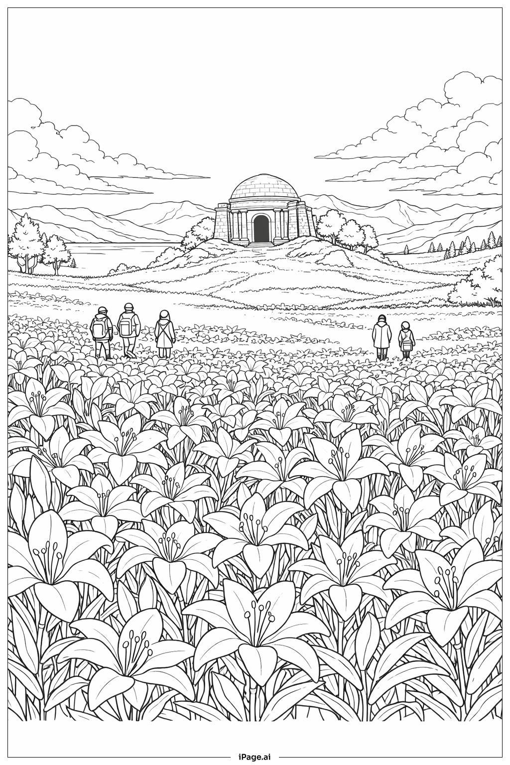 Trang tô màu Cánh Đồng Hoa Ly Hồi Sinh Có Người