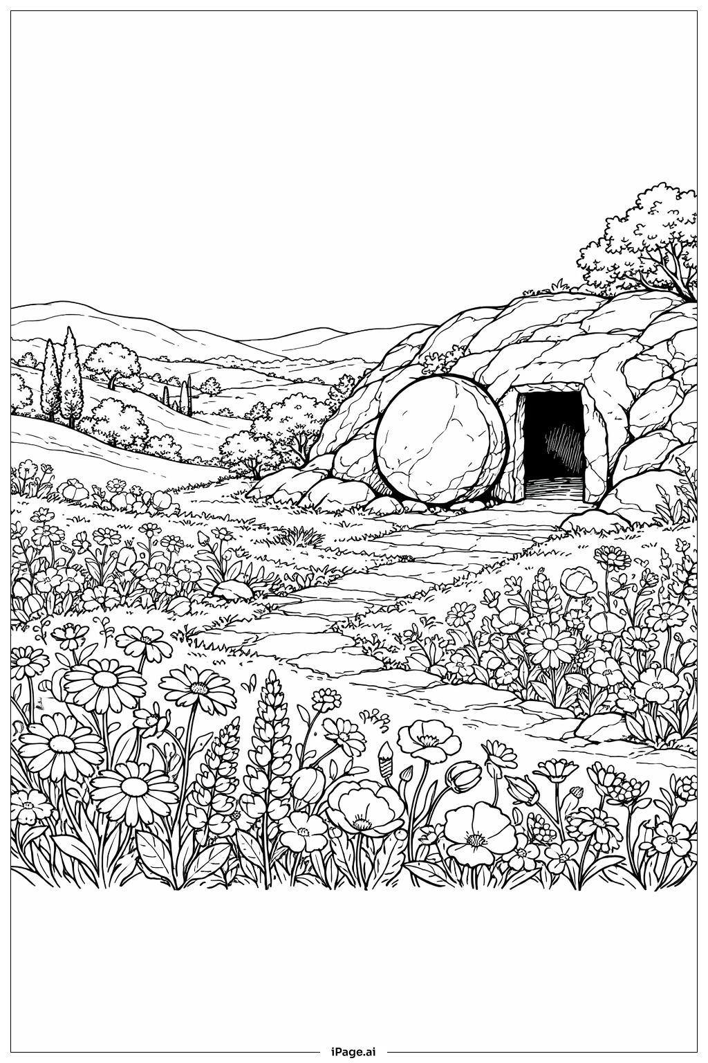  Trang tô màu Đồng cỏ Phục Sinh với Hoa Dại và Mộ 
