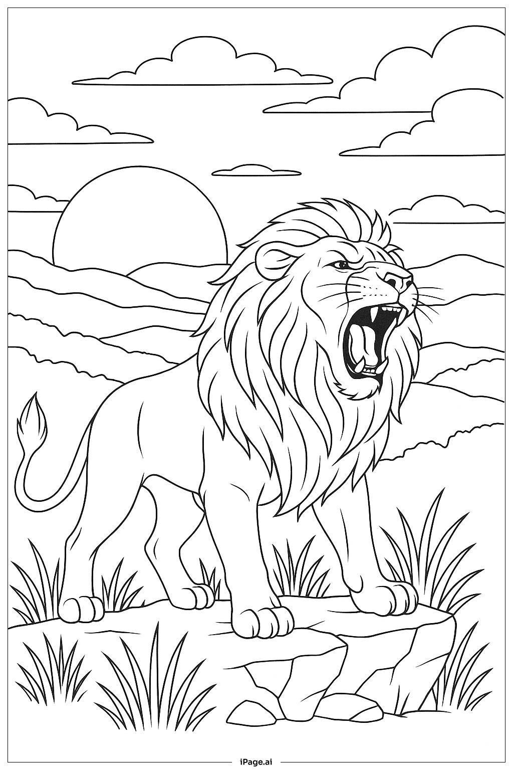  夕日の中で吠えるライオンの塗り絵ページ 