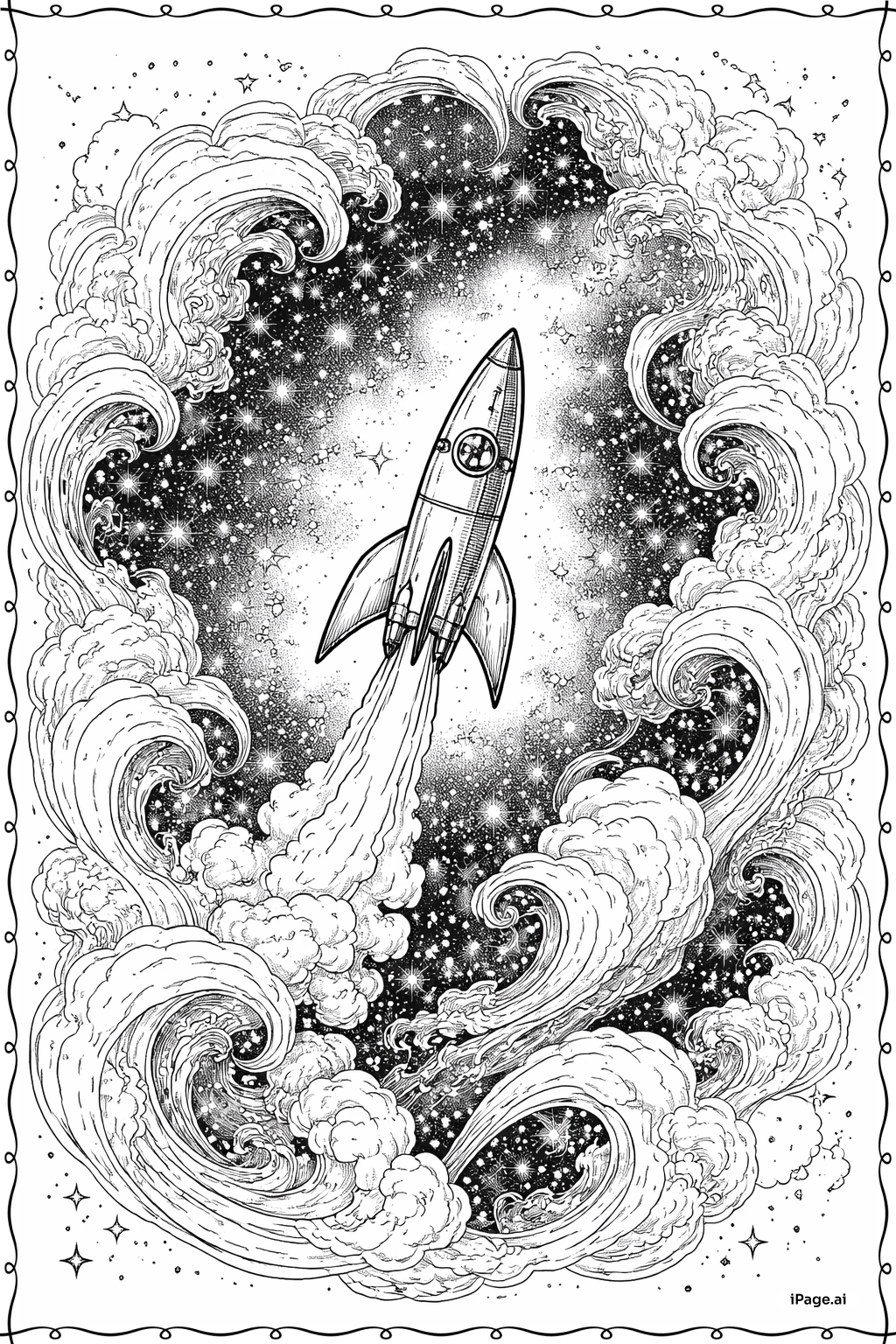  Página para colorear de Nave espacial en campo de nebulosas 