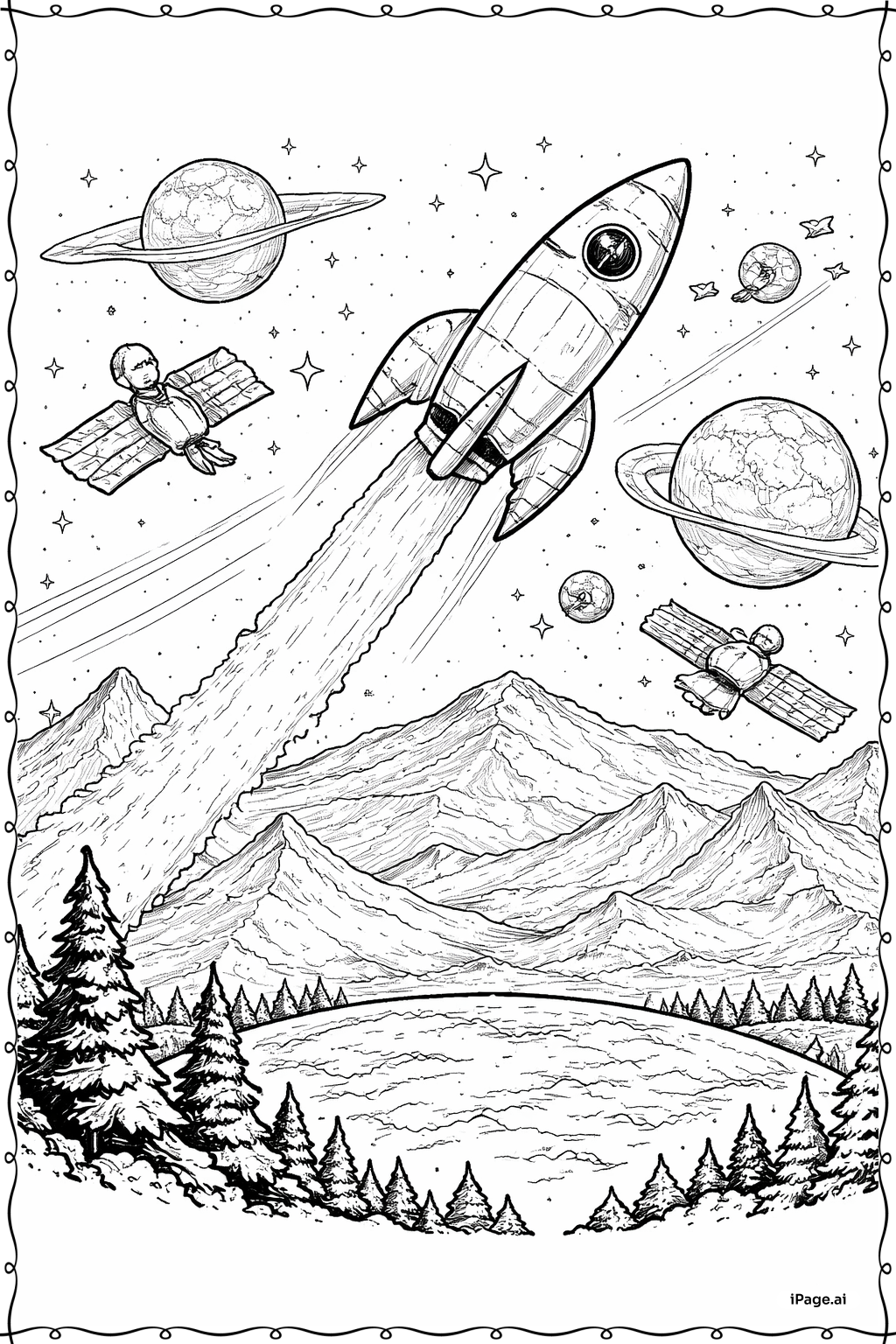  Página para colorear de Nave Cohete Sobre un Planeta Montañoso 