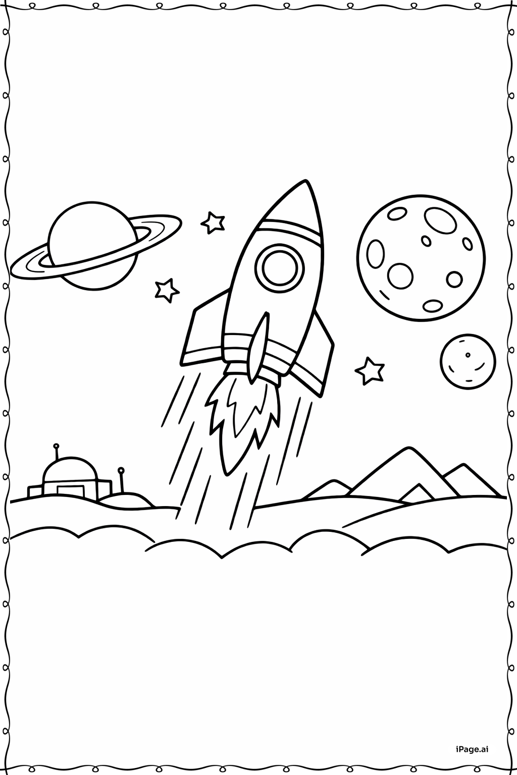 Página para colorear de Nave espacial pasando planetas