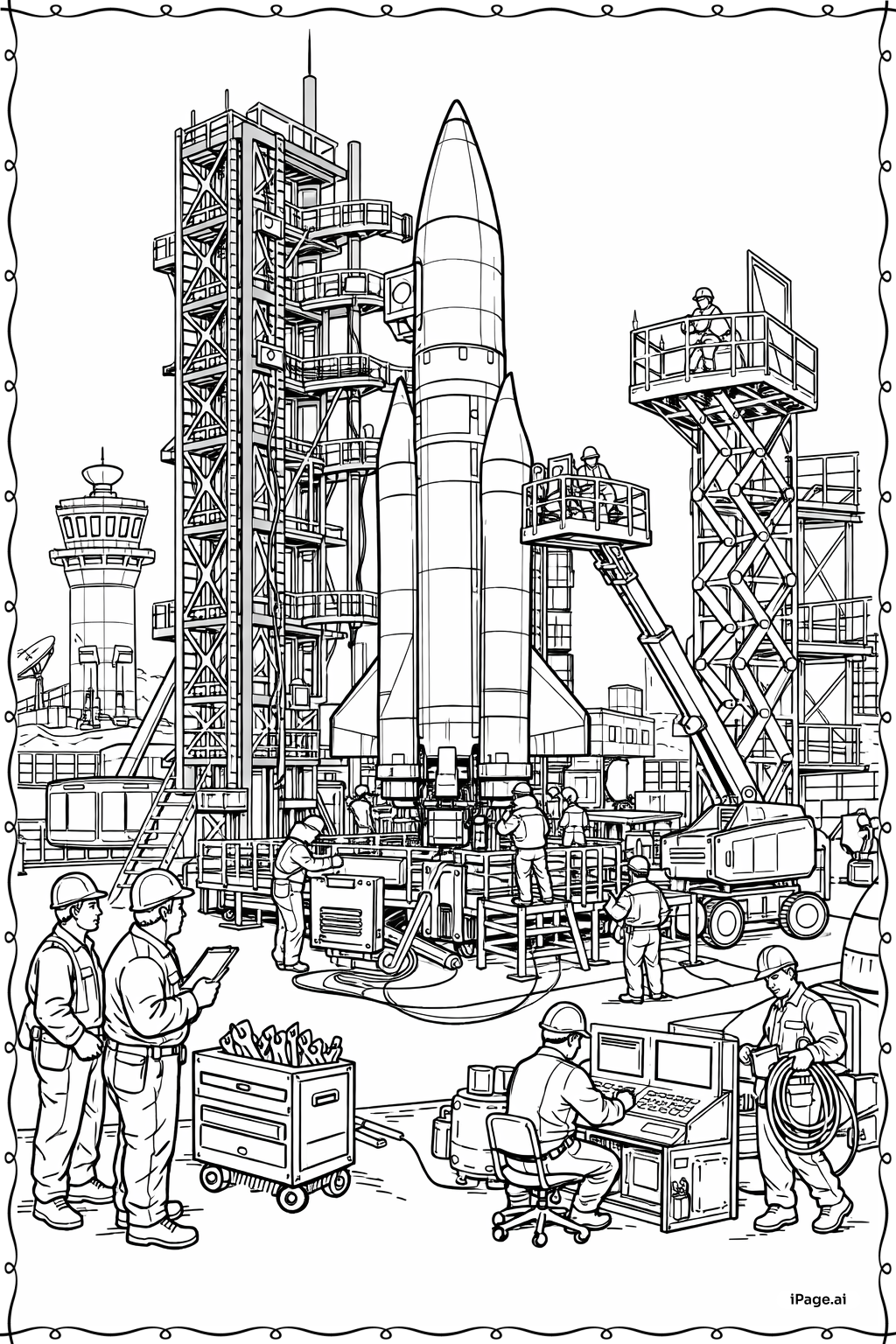  Página para colorear de Equipo de Lanzamiento Previo al Cohete 