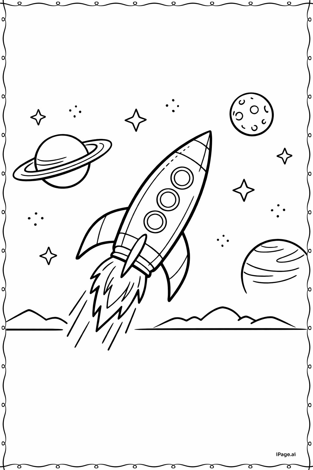  Página para colorear de Escena Retro de Nave Cohete 