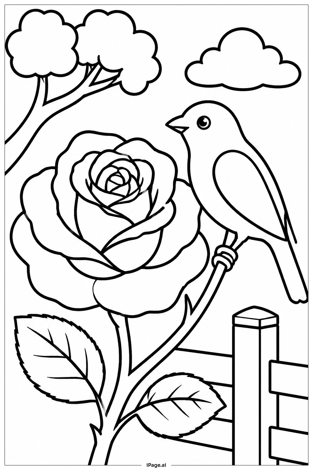 Rose und Vogel Ausmalseite
