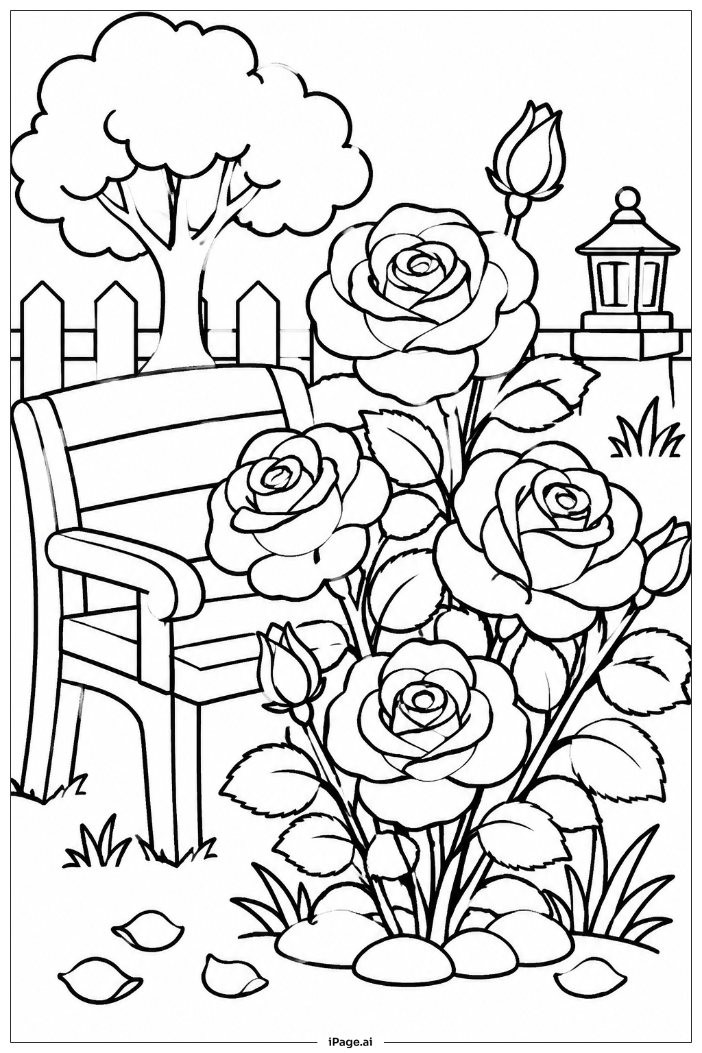 Rose And Garden Bench Coloring Page