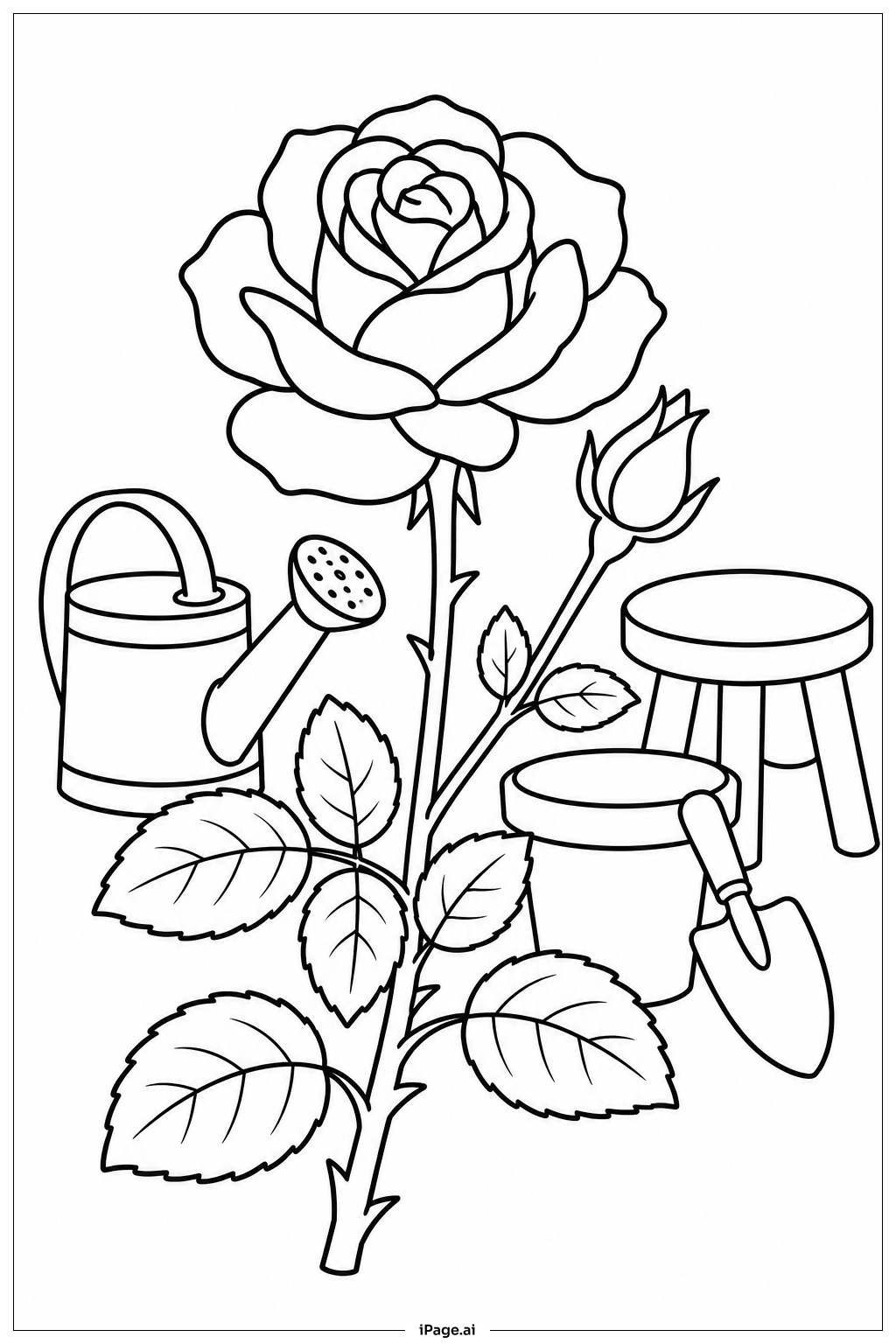  Página para colorir de Rosa e Regador 