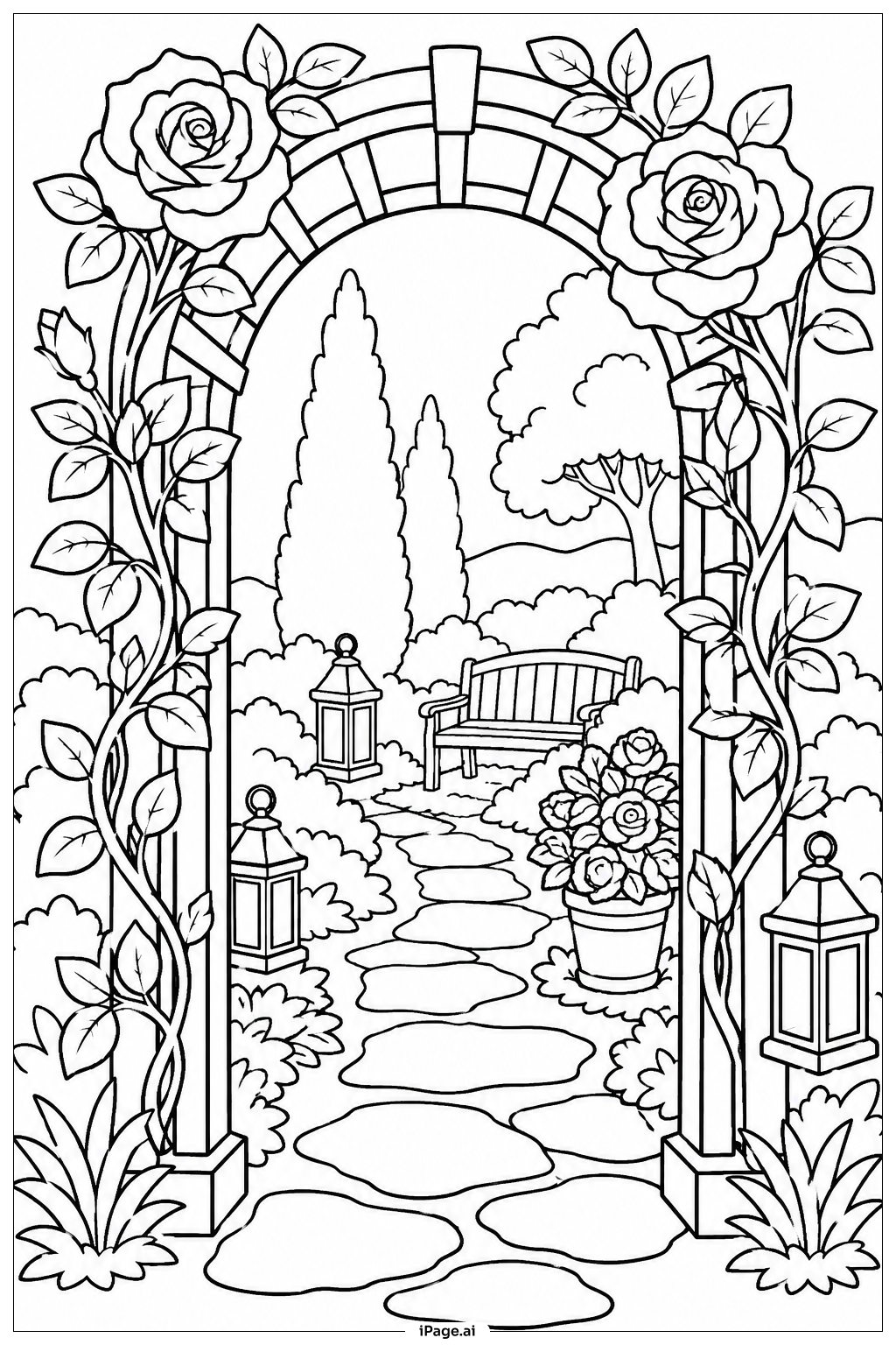 Página para colorear de Camino bajo el Arco de Rosas