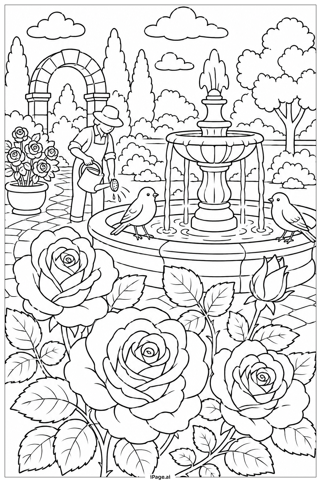Rose Garden With Fountain Coloring Page