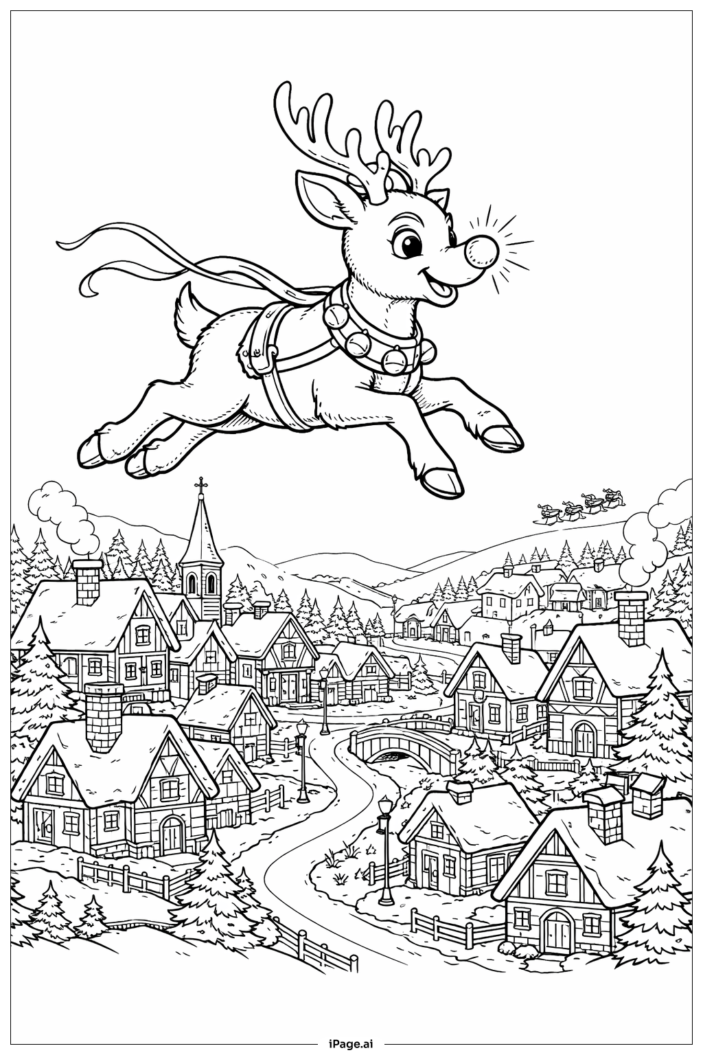  Page de coloriage Rudolph volant au-dessus du village 