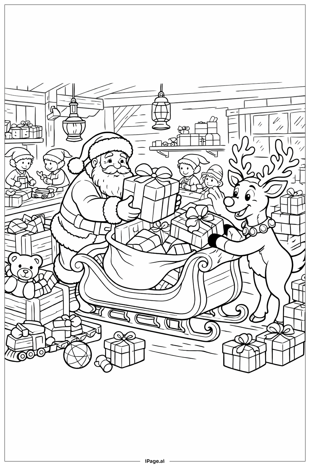 Rudolph aide le Père Noël à charger les cadeaux