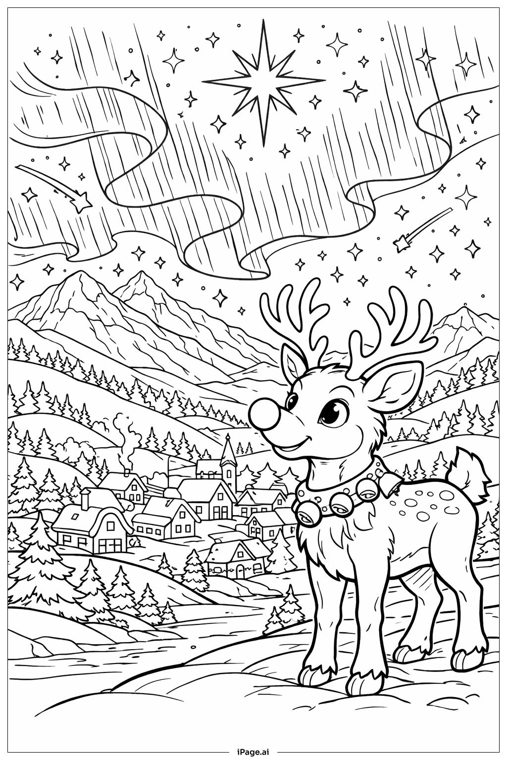  Page de coloriage Rudolph sous l'Aurore Boréale Étoilée 