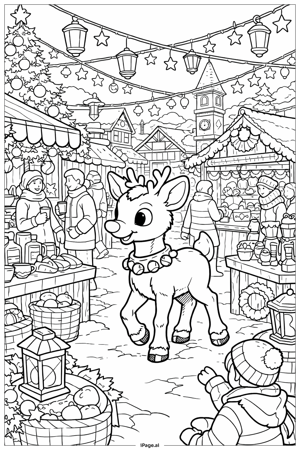  Page de coloriage Rudolph au marché d'hiver 