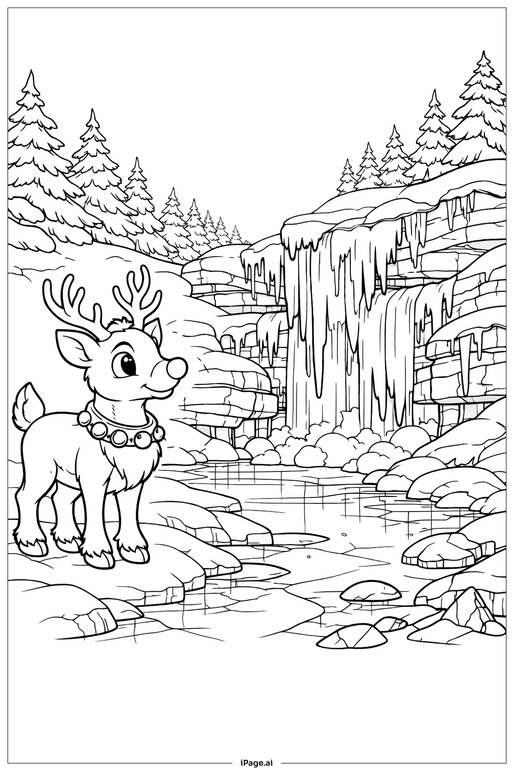  Page de coloriage Rudolph Près d'une Cascade Gelée 