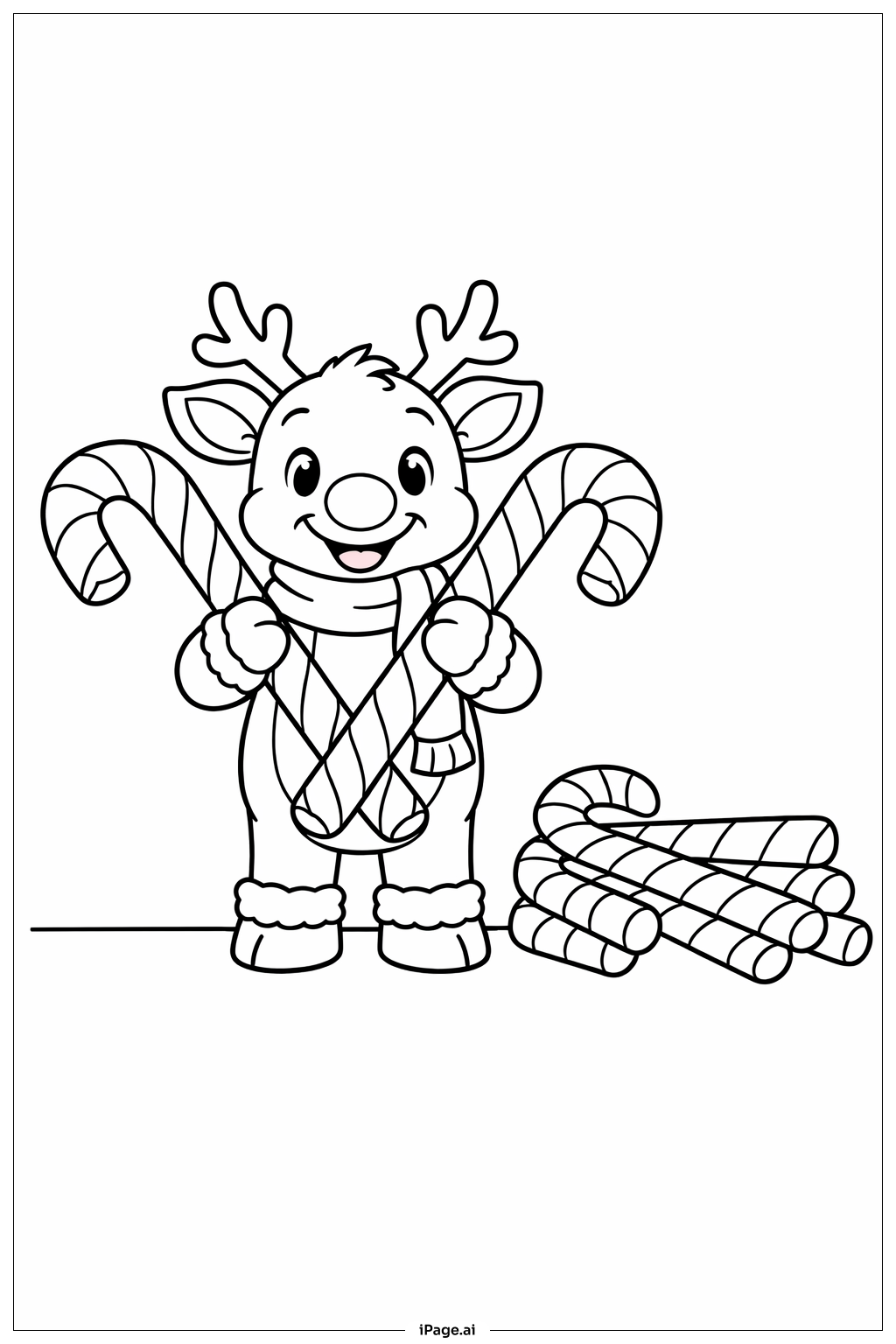  Page de coloriage Rodolphe avec des cannes en sucre d'orge 