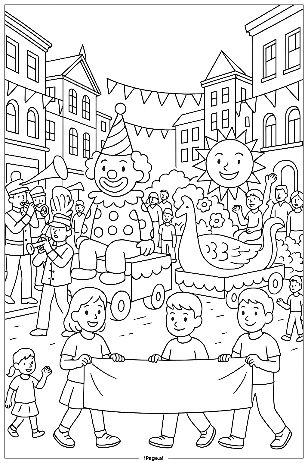  セントパトリックスデーのにぎやかなパレードフロートの塗り絵ページ 