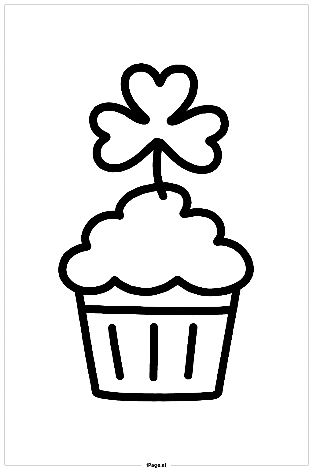  三つ葉のクローバーが乗ったセントパトリックスデーのカップケーキの塗り絵ページ 