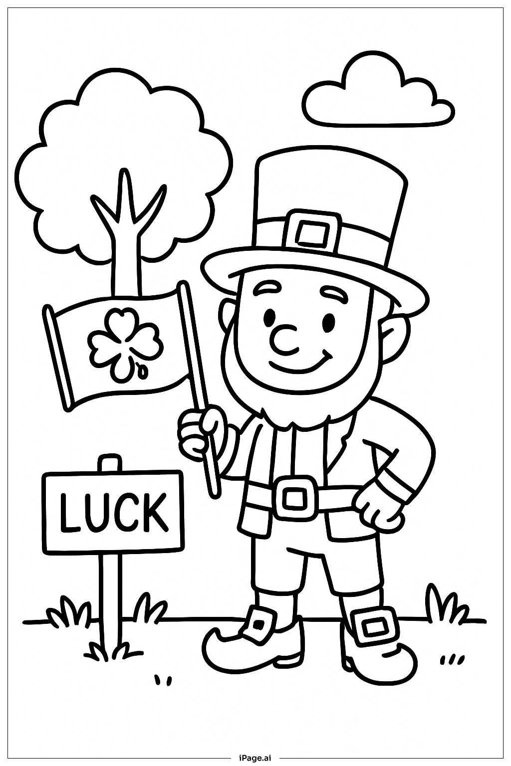  セントパトリックスデーの旗を持つレプラコーンの塗り絵ページ 