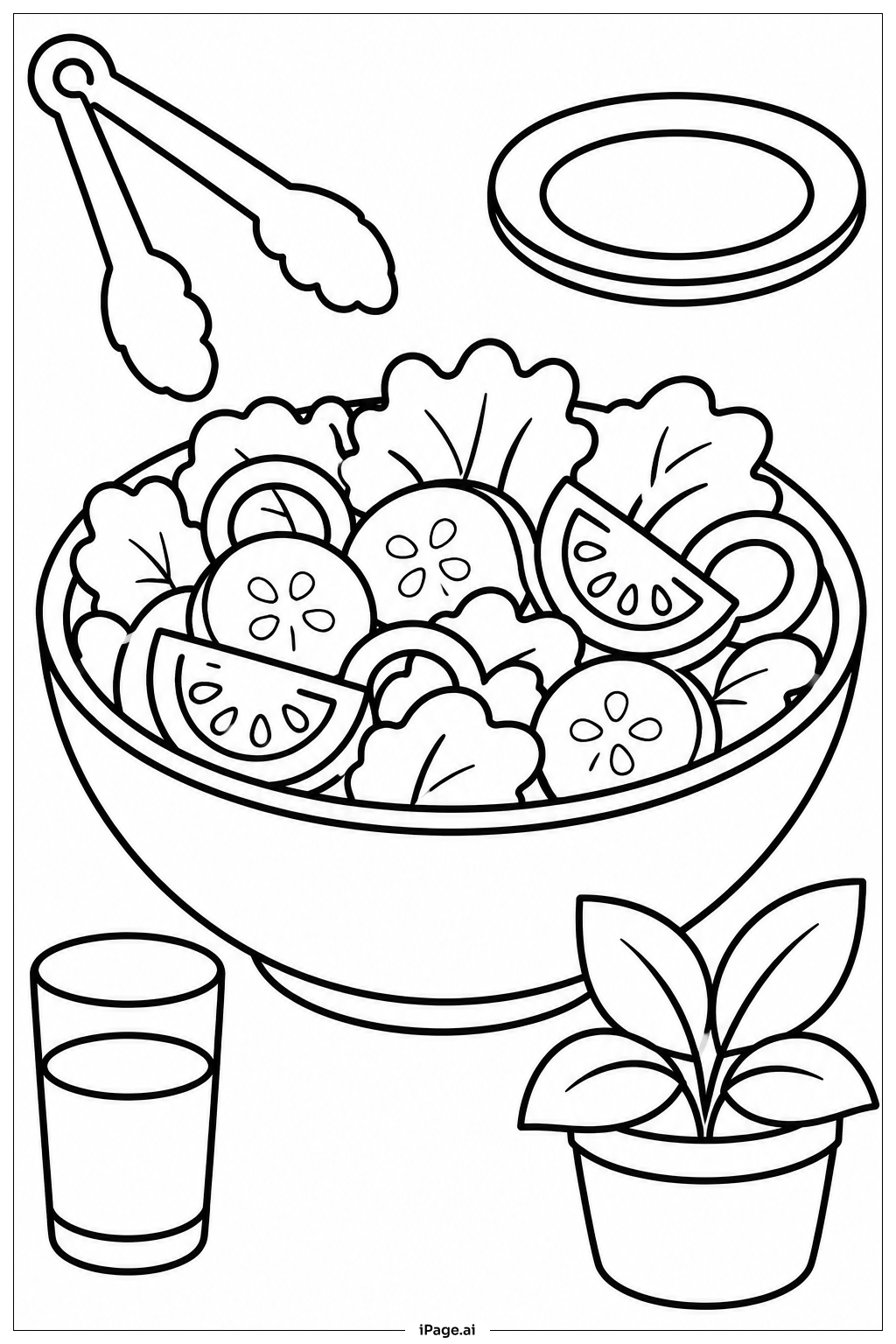 沙拉碗美食場景著色頁