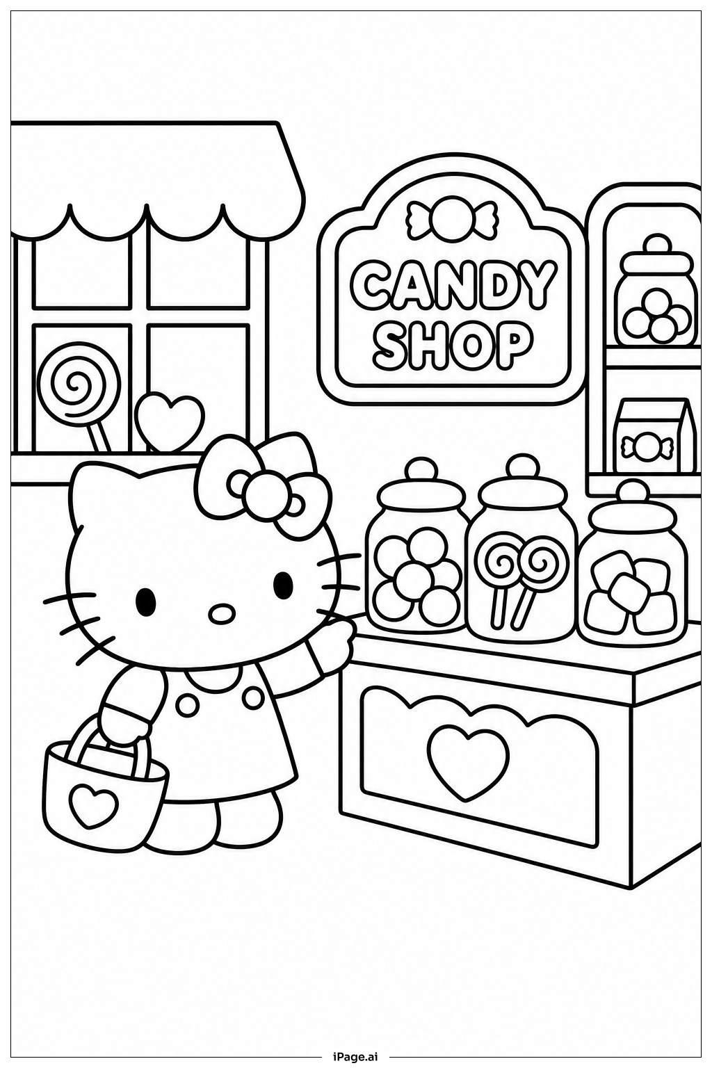 Página para colorir de Visita da Sanrio à Loja de Doces
