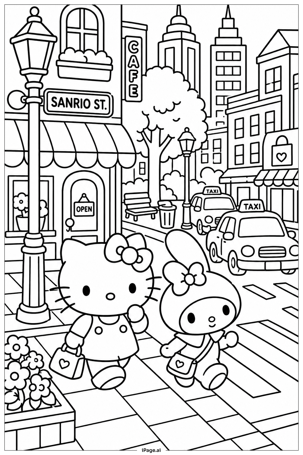 Página para colorear de Aventura Urbana de Sanrio