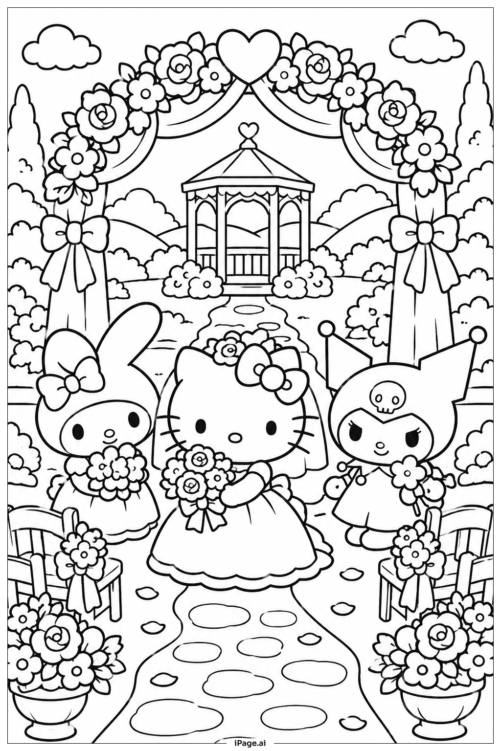 Página para colorear de Boda en el Jardín de Sanrio