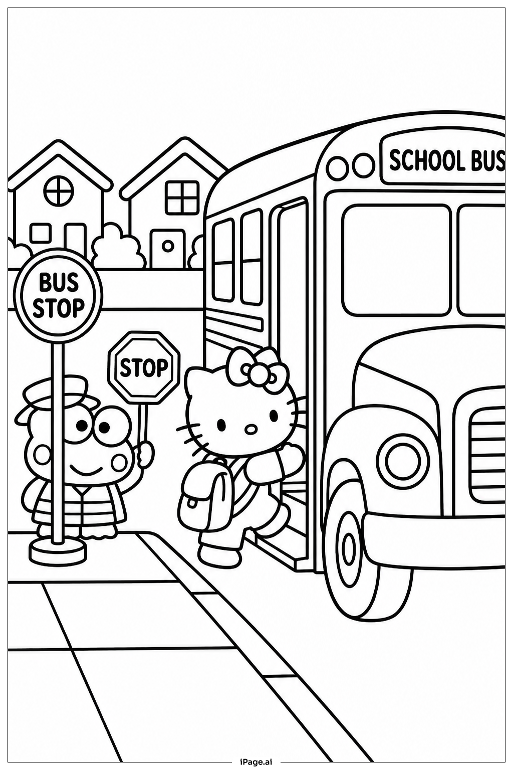 Page de coloriage Sanrio : Voyage en Bus Scolaire