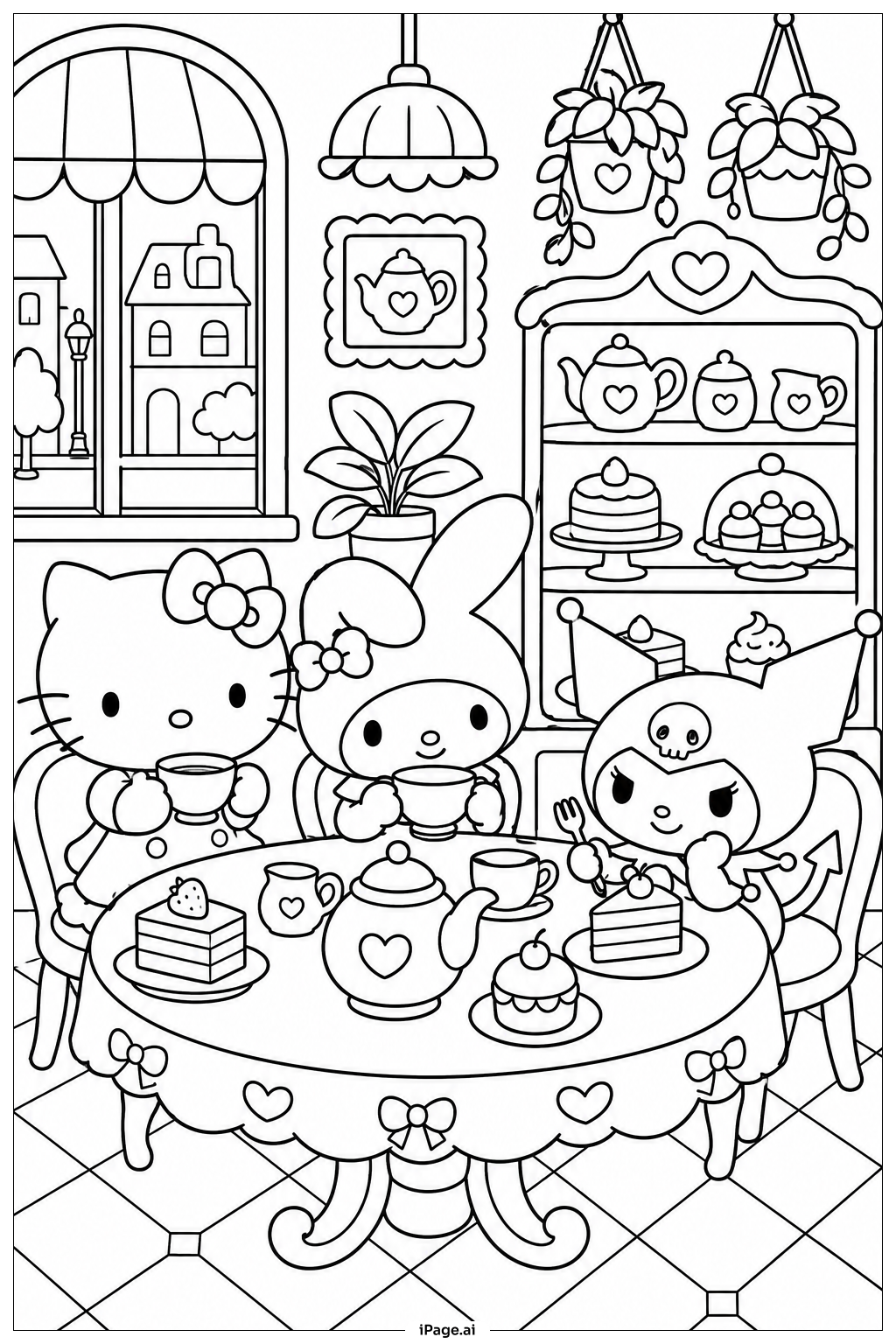 Página para colorear de Interior de la Tienda de Té de Sanrio