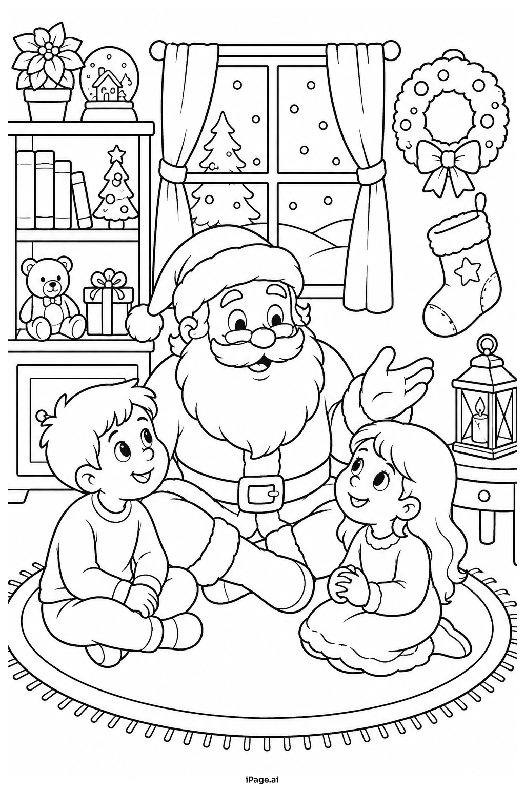Page de coloriage Le Père Noël et les Enfants : L'Heure du Conte