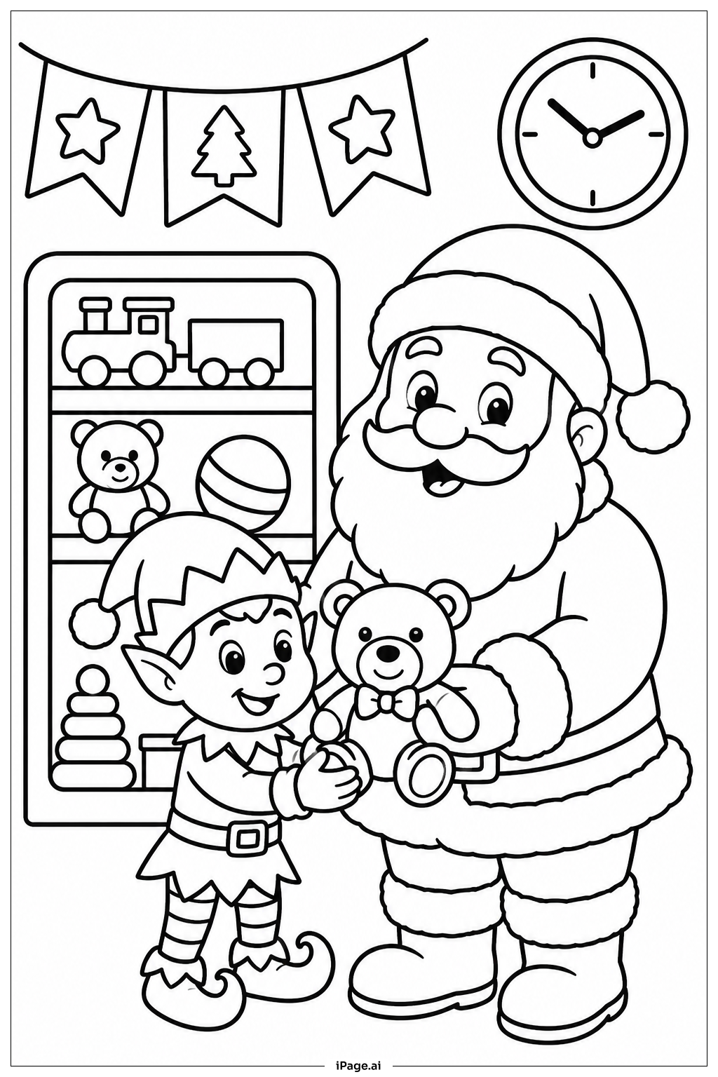  Página para colorir de Papai Noel e o Duende Ajudante 