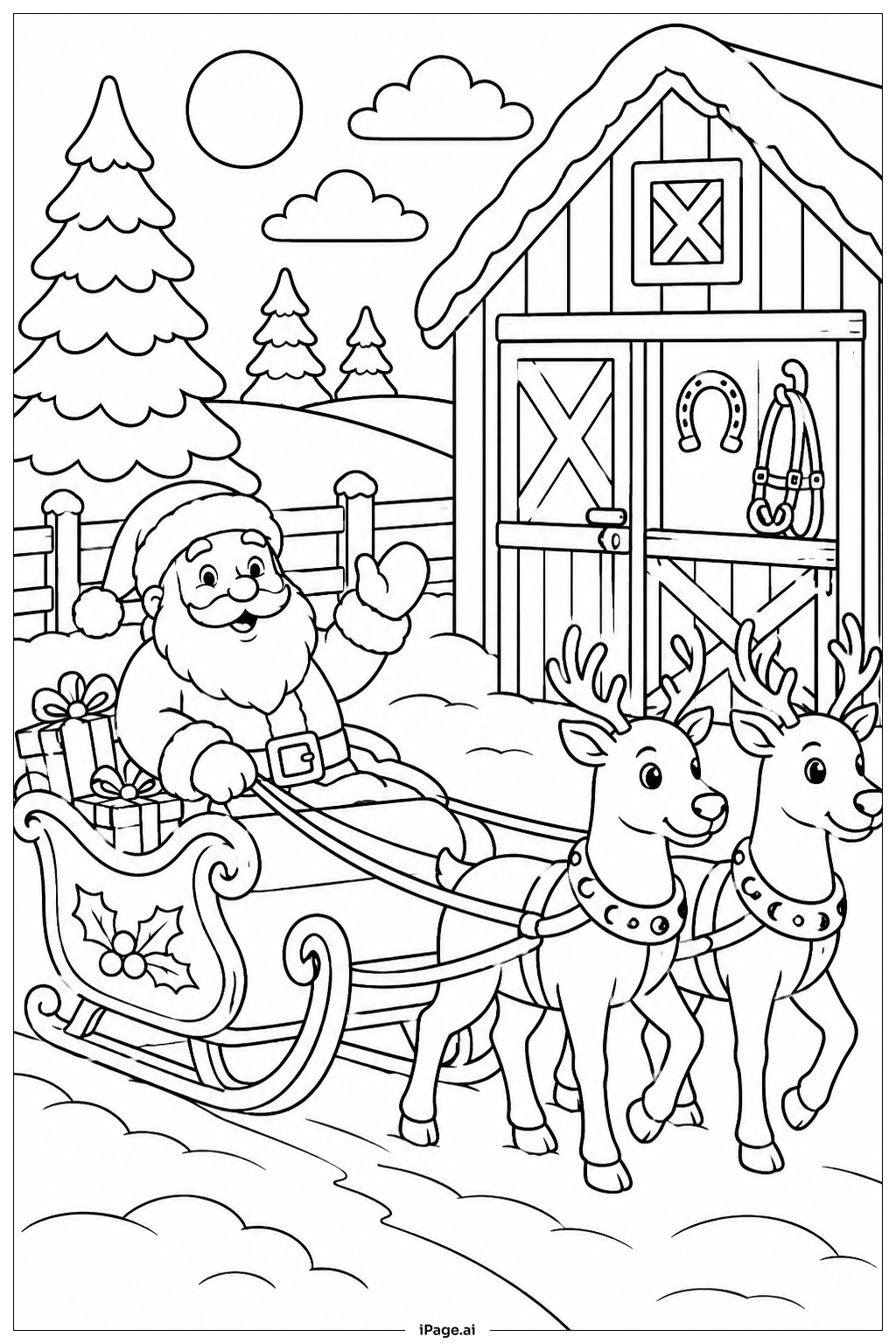 Page de coloriage Le Père Noël et les Rennes Préparant le Départ