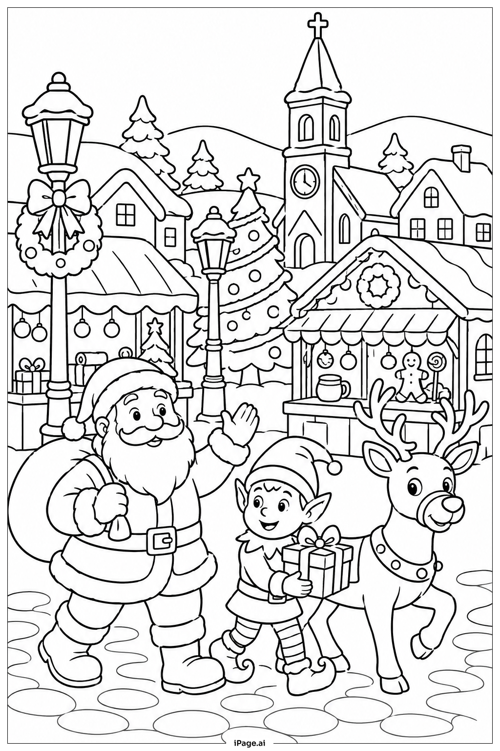 Page de coloriage Le Père Noël Arrive au Village la Veille de Noël